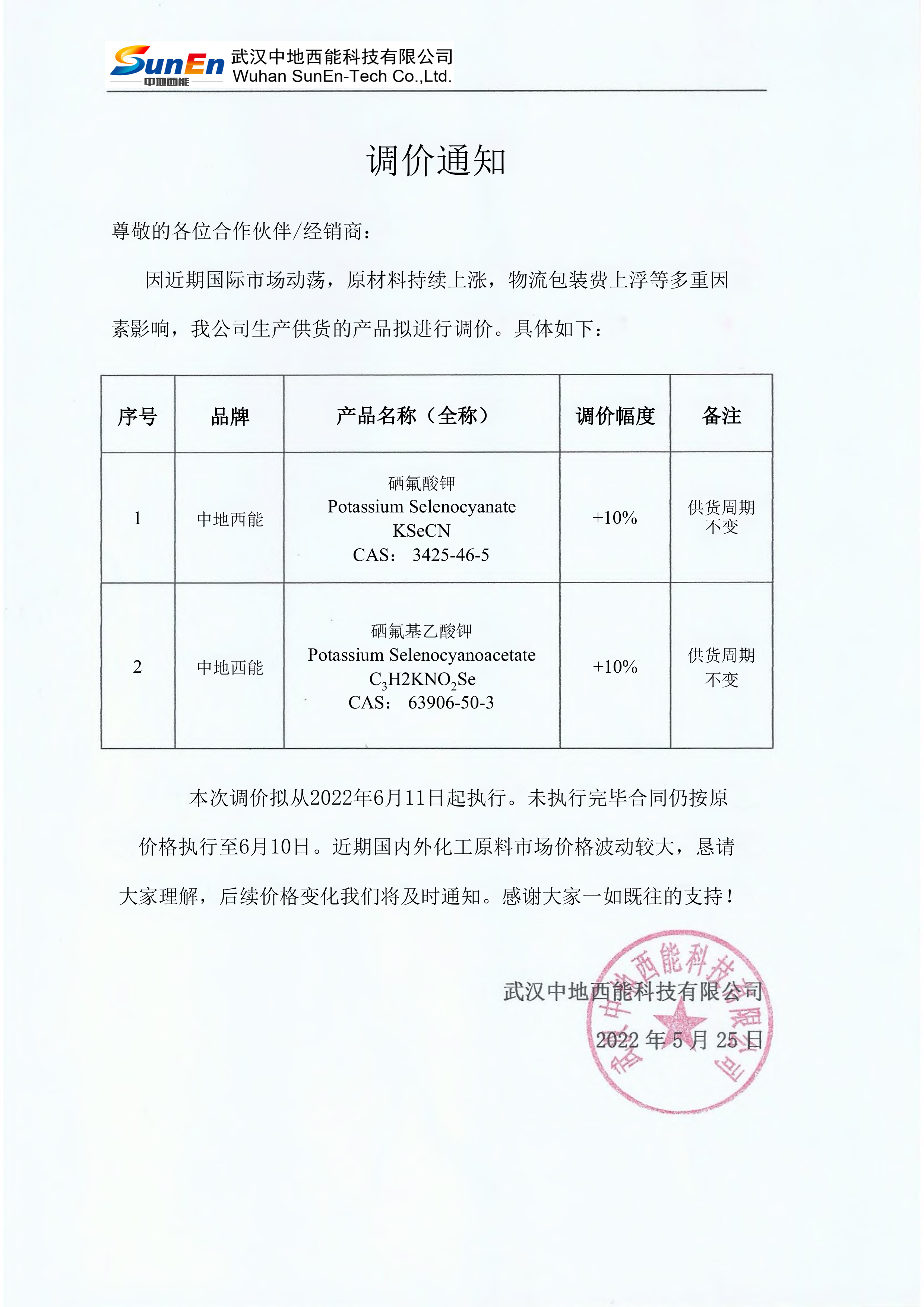 【調(diào)價通知】硒氰酸鉀等產(chǎn)品價格上漲